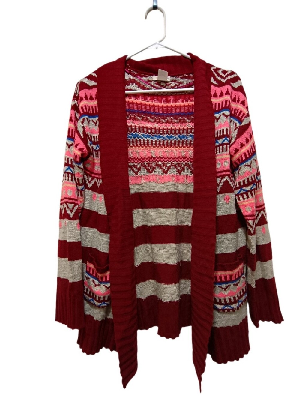 Self Esteem Red and Pink Patterned Open-Front Cardigan